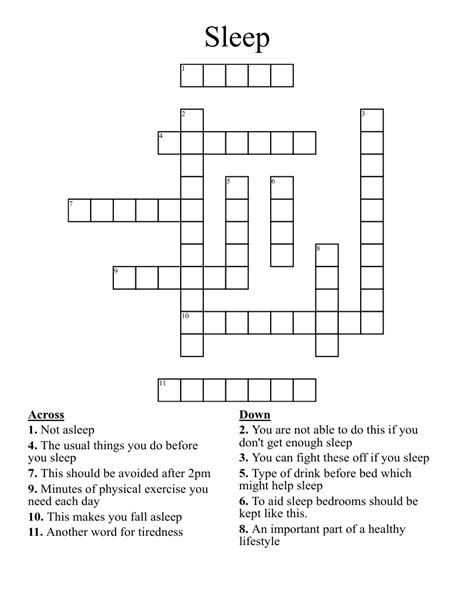  The Crossword Solver found 57 answers to "sleeping (7)", 7 letters crossword clue. The Crossword Solver finds answers to classic crosswords and cryptic crossword puzzles. Enter the length or pattern for better results. Click the answer to find similar crossword clues . Enter a Crossword Clue. 